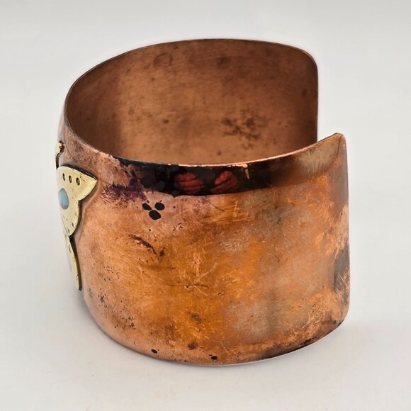 VTG Cobre Copper & Brass Turquoise Inlay Butterfly Wide Cuff Bracelet 7" Mexico - Picture 2 of 11